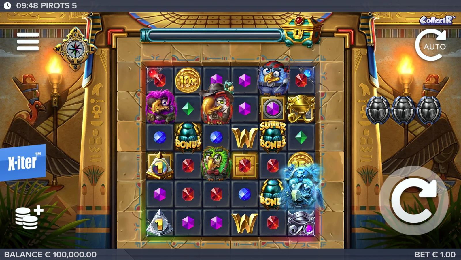 Schermata di gioco di Pirots 5 con griglia 6x6 e simboli bonus