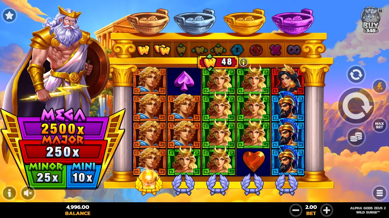 Schermata desktop del gioco base di Alpha Gods Zeus 2 con Zeus accanto alla griglia