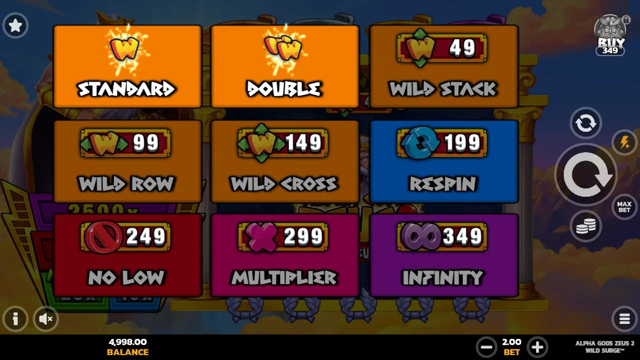 Schermata informativa con le varianti Wild Surge di Alpha Gods Zeus 2
