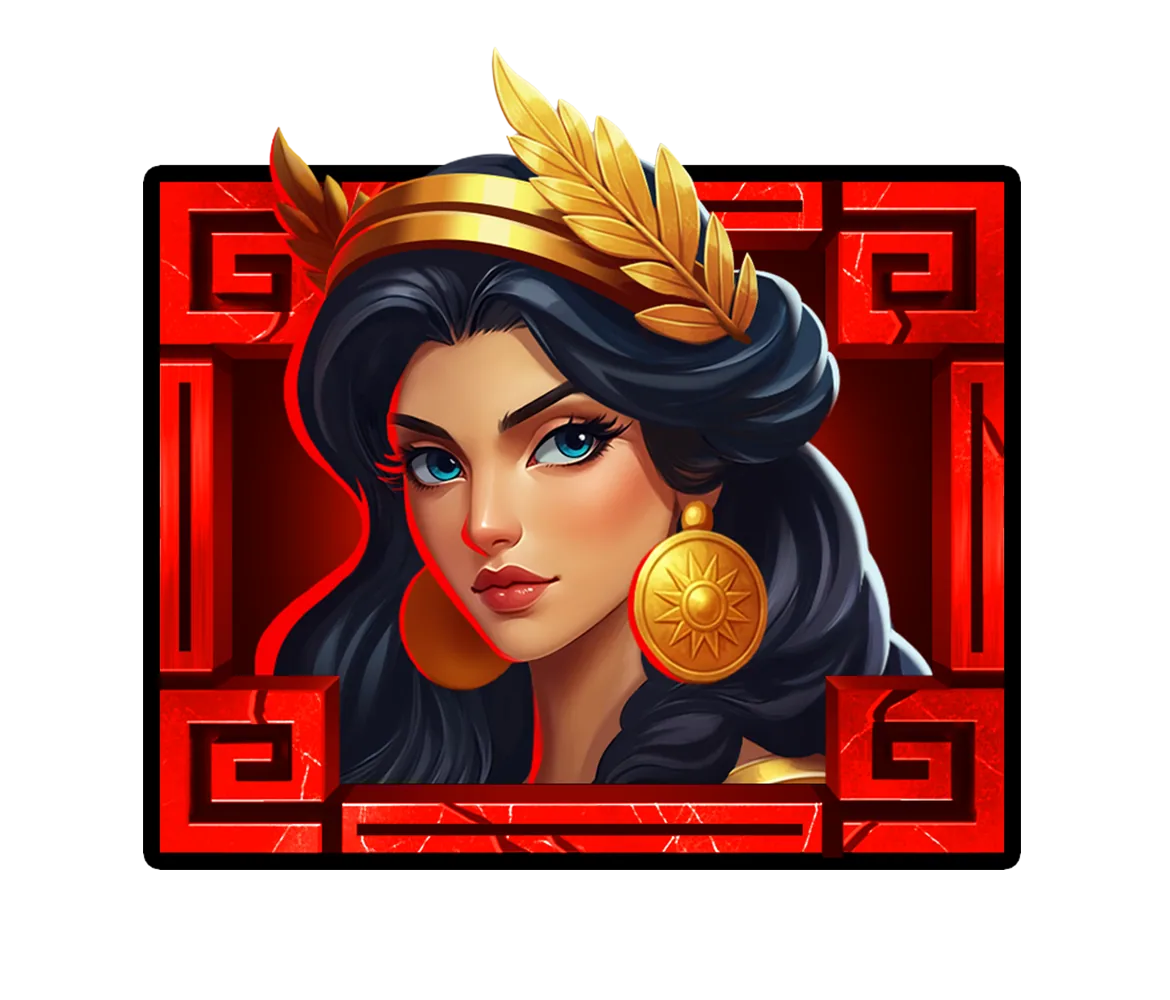 Ritratto di una dea con corona su sfondo rosso nella slot Alpha Gods Zeus 2