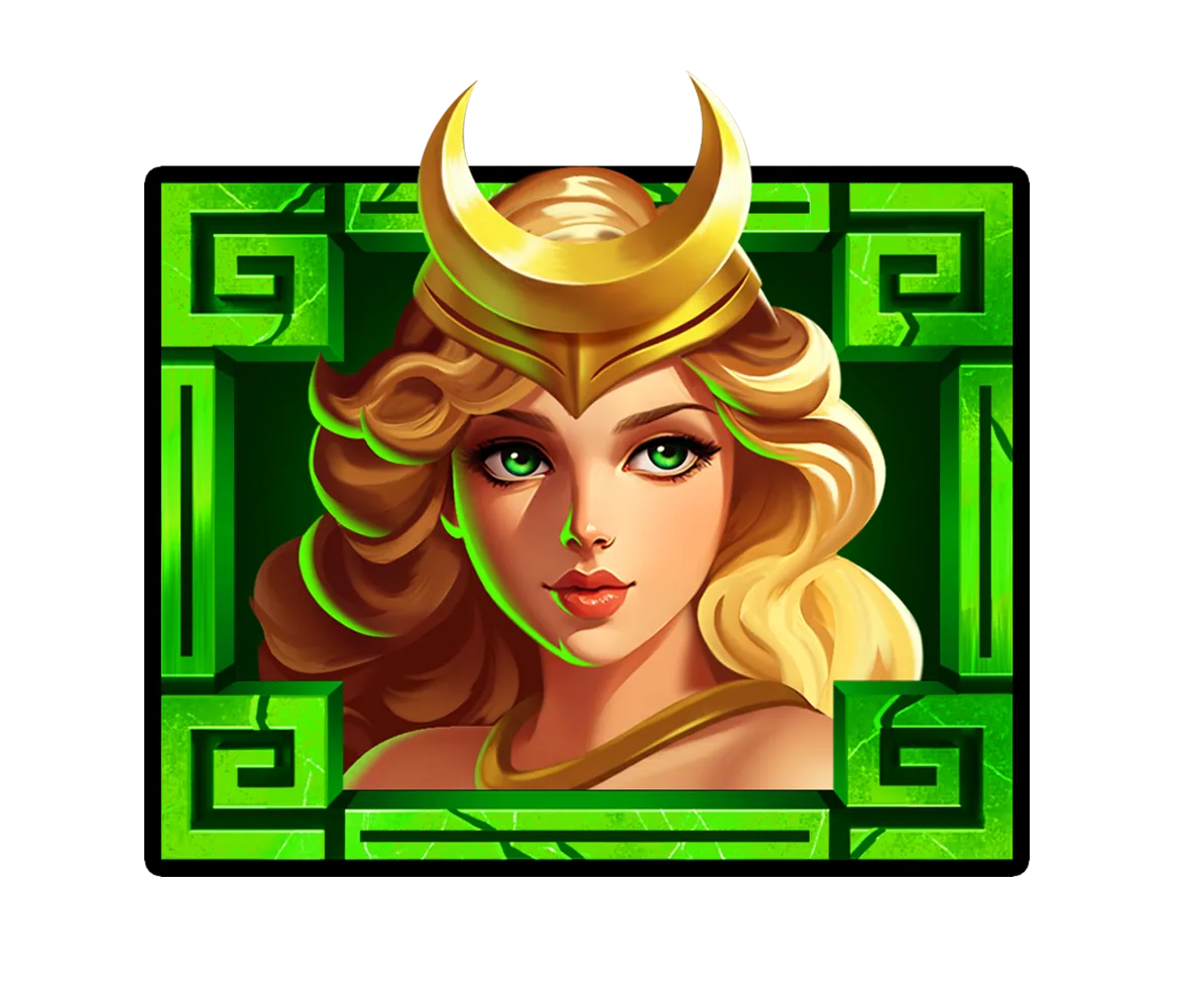 Ritratto di una dea con corona su sfondo verde nella slot Alpha Gods Zeus 2