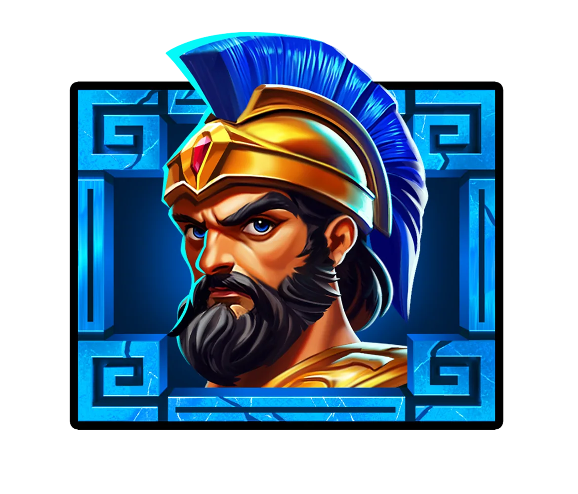 Ritratto di un guerriero con elmo su sfondo blu nella slot Alpha Gods Zeus 2