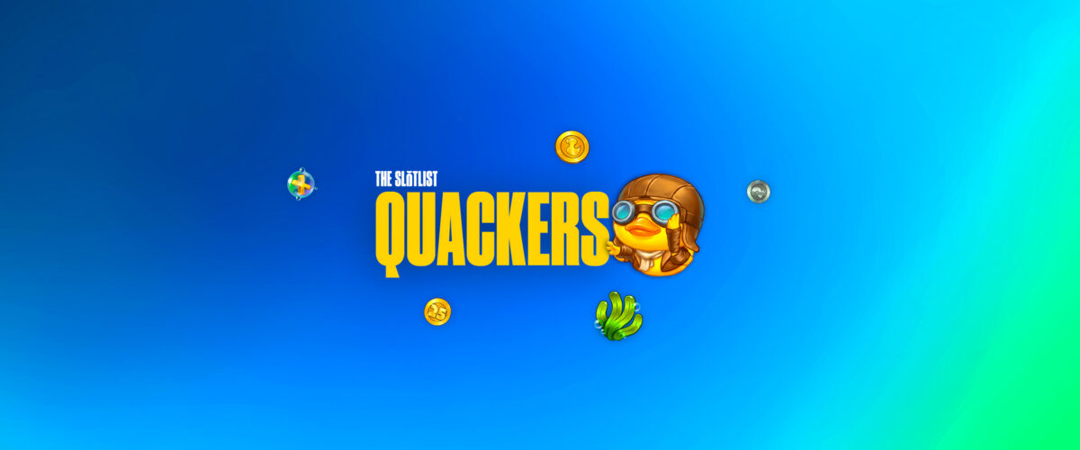 Logo di Quackers con le quattro papere su un salvagente rosa tra le ninfee