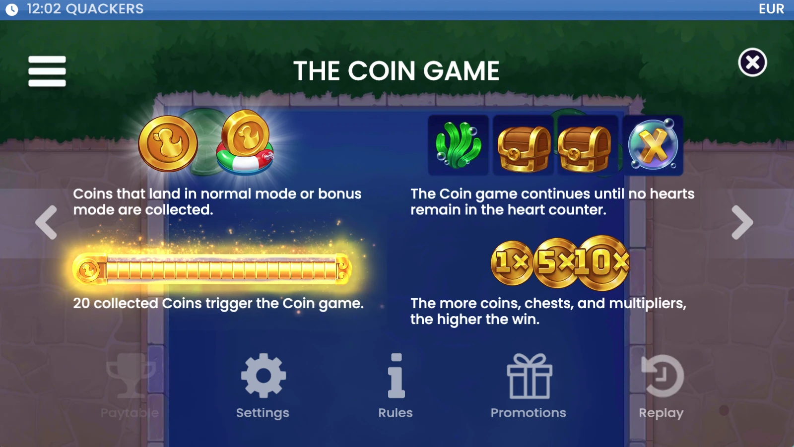 Schermata del Coin Game di Quackers con barra da 20 monete, forzieri e moltiplicatori
