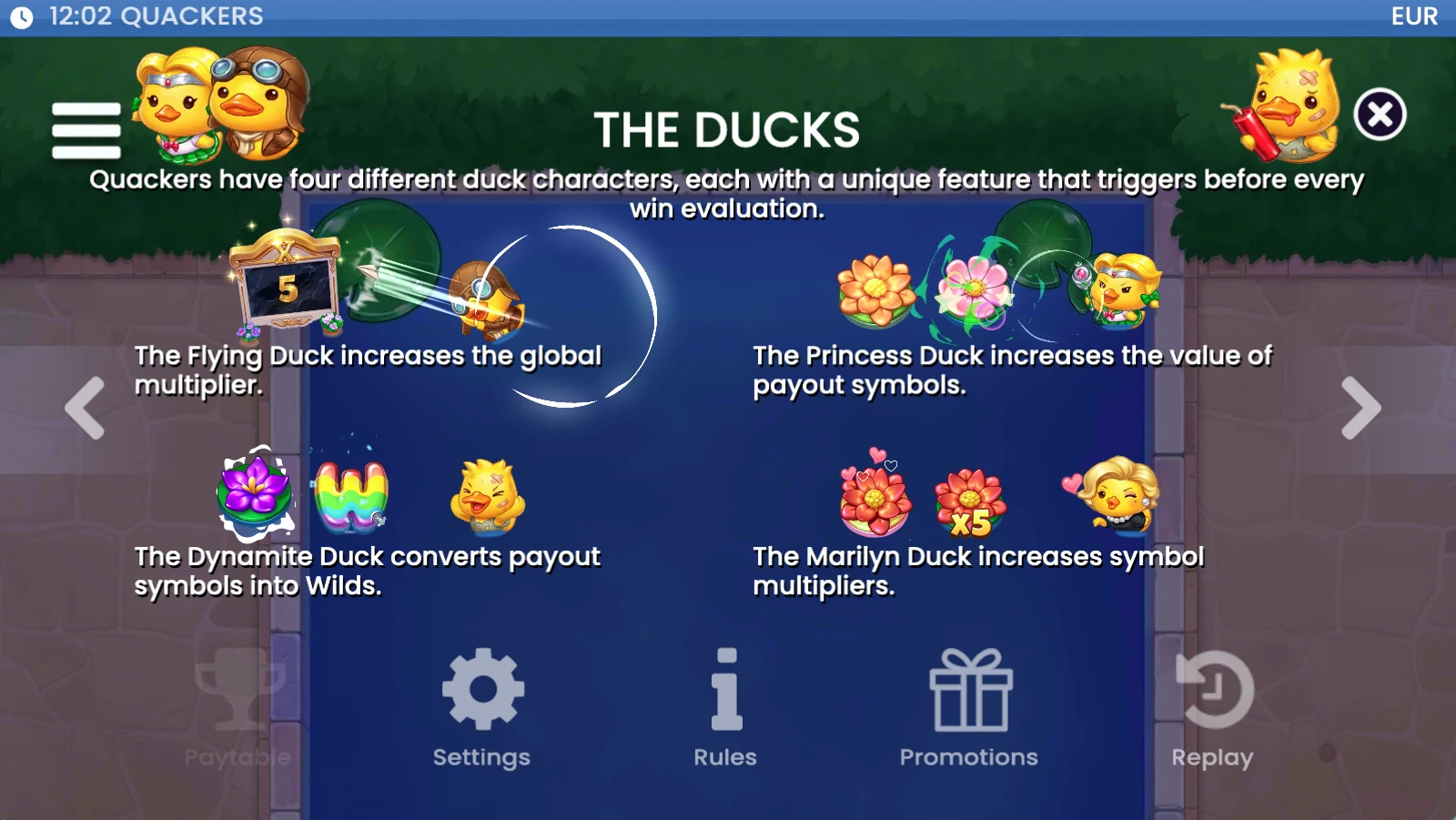 Schermata informativa con le funzioni delle quattro papere di Quackers