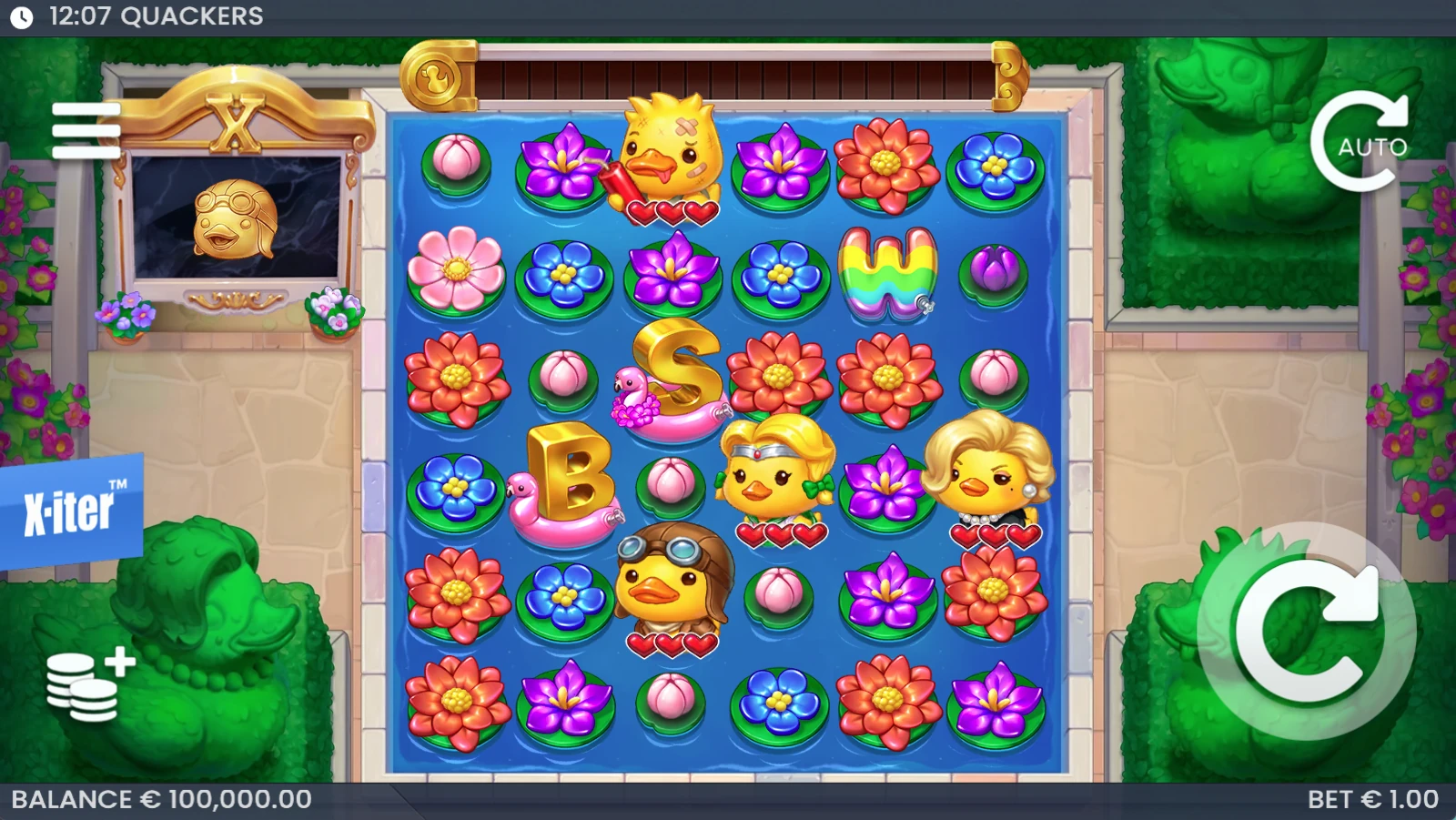 Griglia 6x6 di Quackers con fiori, papere e simboli Bonus