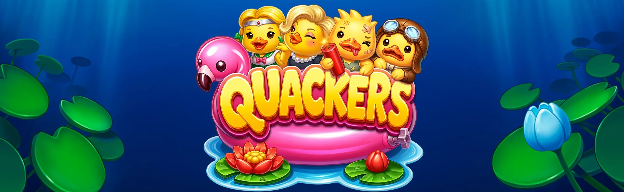 Logo di Quackers con le quattro papere su un salvagente rosa tra le ninfee