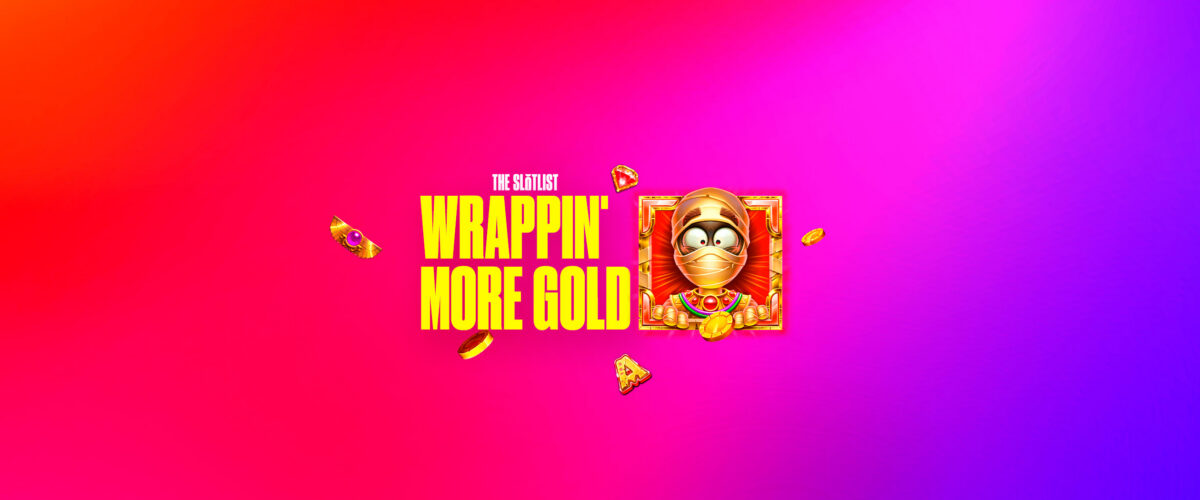 Nome di Wrappin’ More Gold e volto della mummia su sfondo rosso e viola
