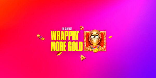 Nome di Wrappin’ More Gold e volto della mummia su sfondo rosso e viola