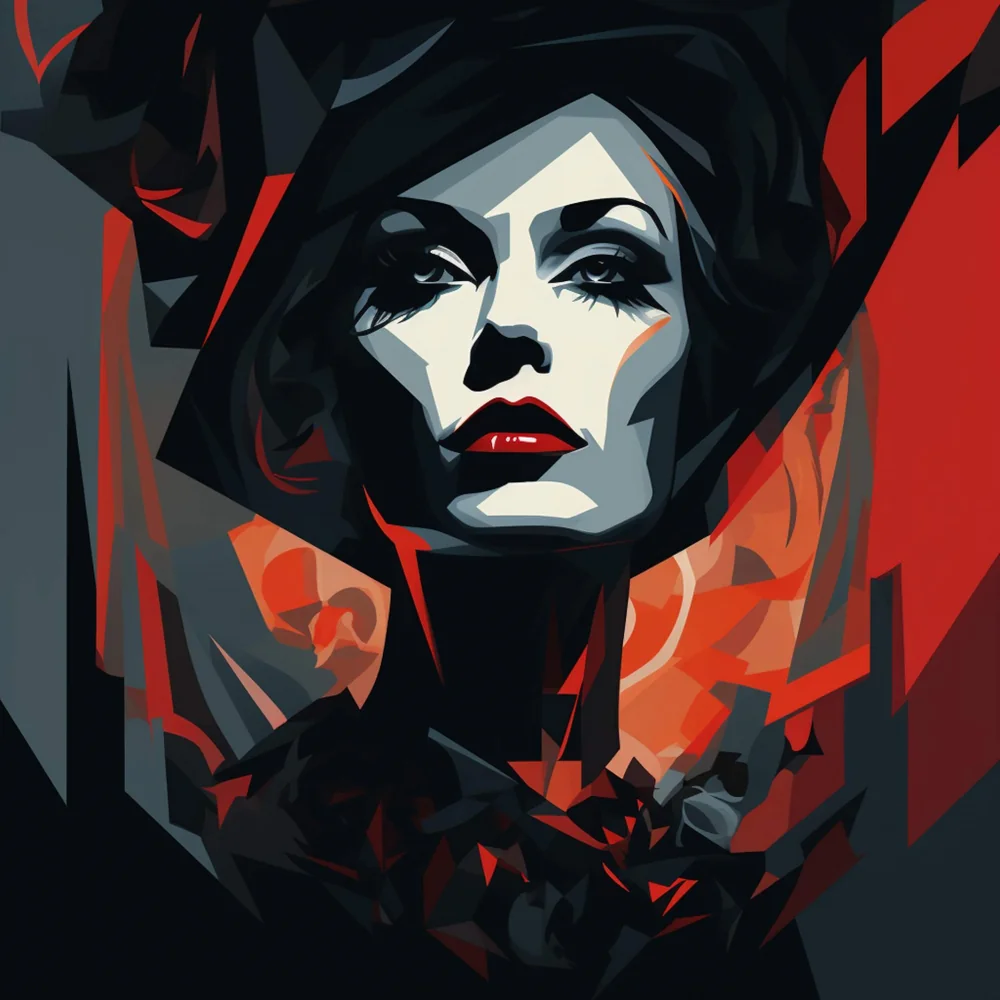 Ritratto illustrato di una vampira nei toni del rosso e del nero