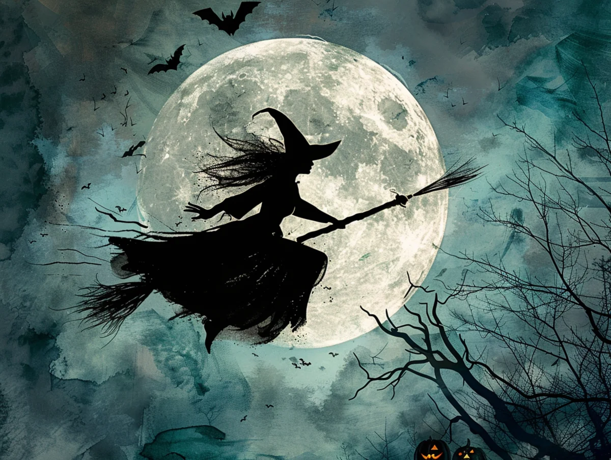 Illustrazione di una strega su una scopa davanti alla luna piena