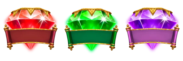 Tre gemme Scatter di Wrappin’ More Gold, rossa, verde e viola, con cornici dorate