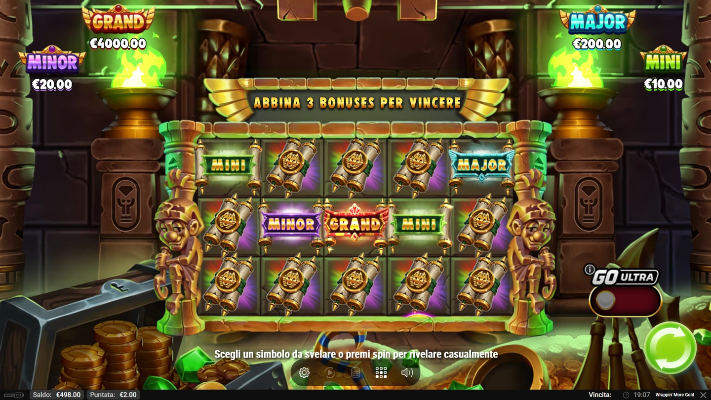 Instant Bonus di Wrappin’ More Gold con quindici pergamene, alcune già scoperte con i nomi Mini, Minor, Major e Grand